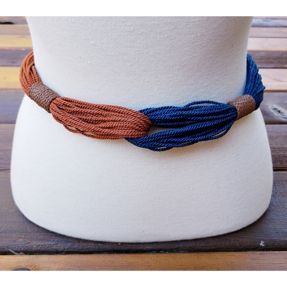 NEW Women's Entwined Teal blue & Rust Natural Tie Rope Braided Belt O/S - Picture 6 of 8